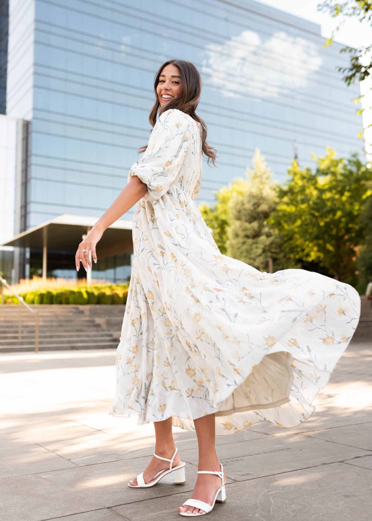 Cream flower dress with tiered skirt