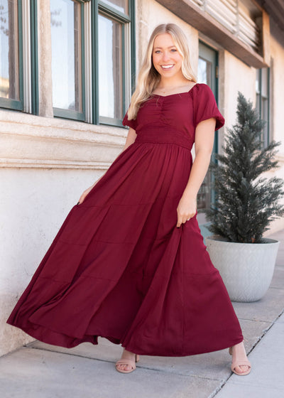 Modest sweetheart neck on the burgundy smocked dress