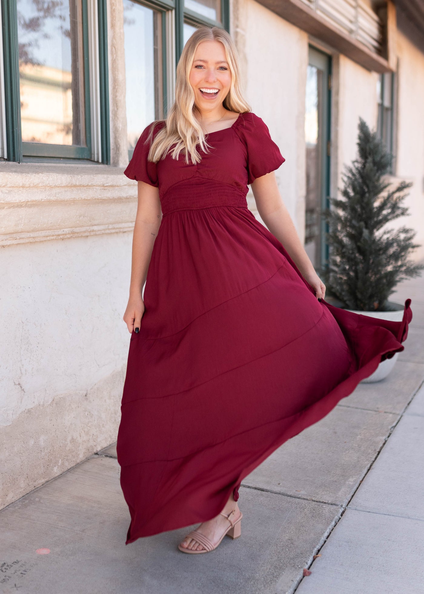 Modest burgundy smocked dress 