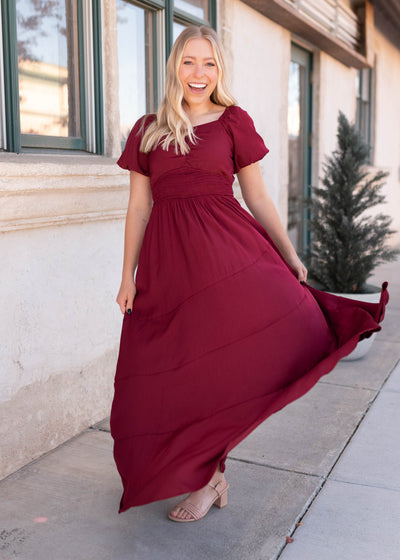 Modest burgundy smocked dress 