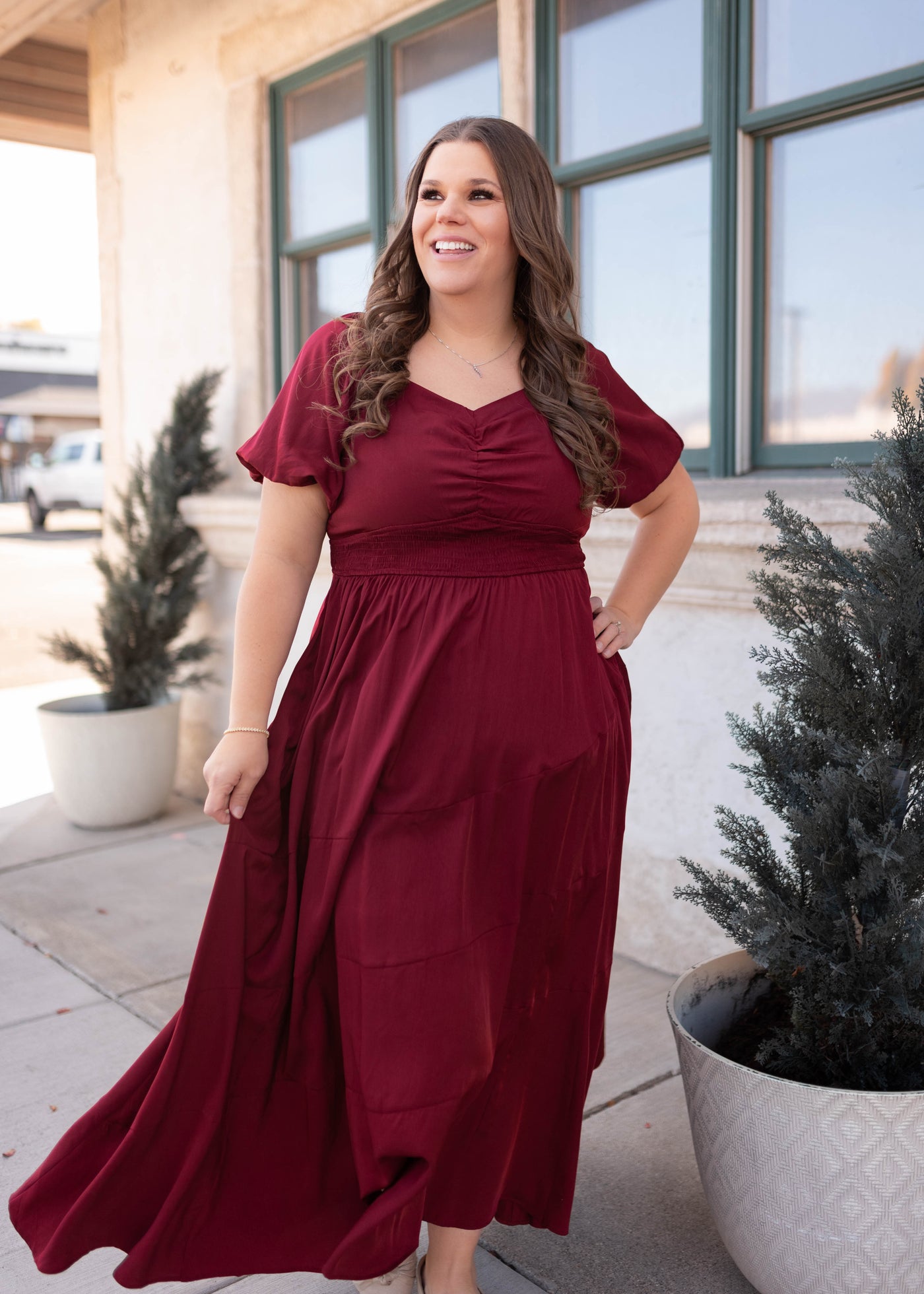 Short sleeve burgundy smocked dress in plus size