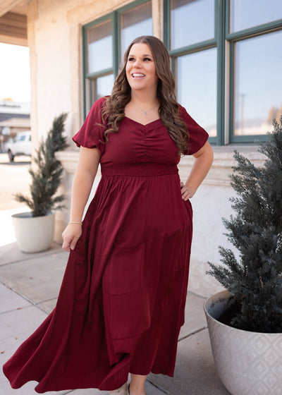 Short sleeve burgundy smocked dress in plus size