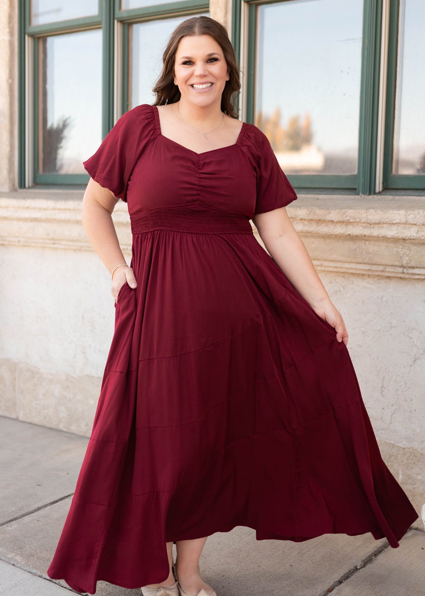 Plus size burgundy smocked dress