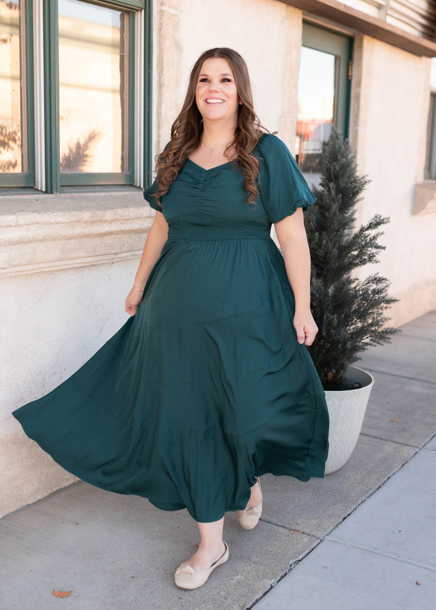Plus size green smocked  dress