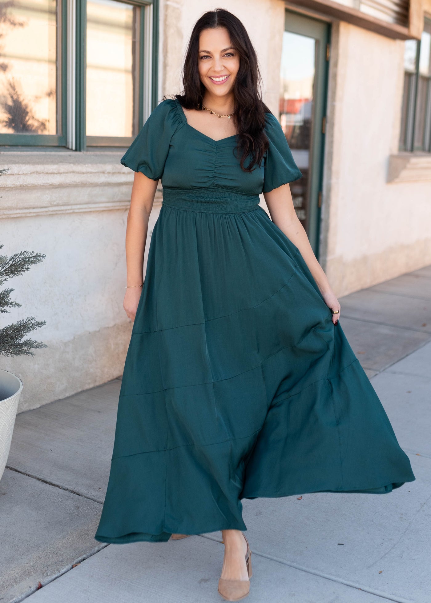 Green smocked dress with sweatheart neckline