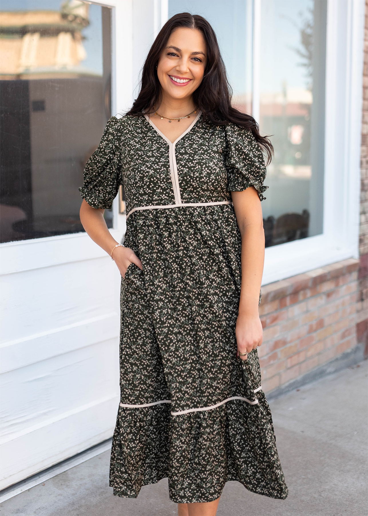 Short sleeve dark olive floral dress with pockets