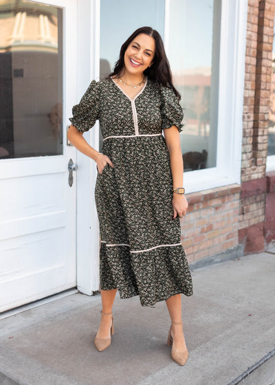 High waisted dark olive floral dress with pockets that is modest