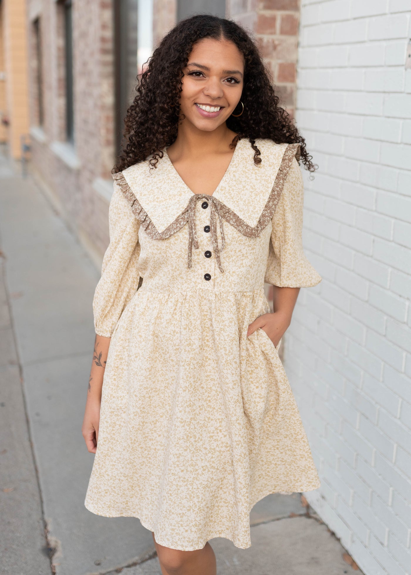 modest short sleeve taupe floral dress