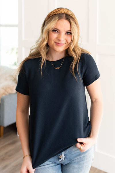 Short sleeve navy textured top