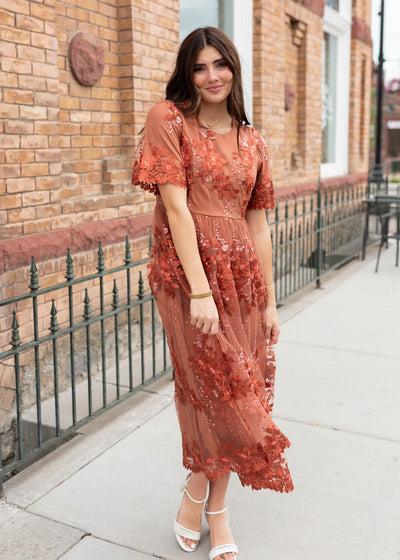 Short sleeve modest rust floral dress with lace detail