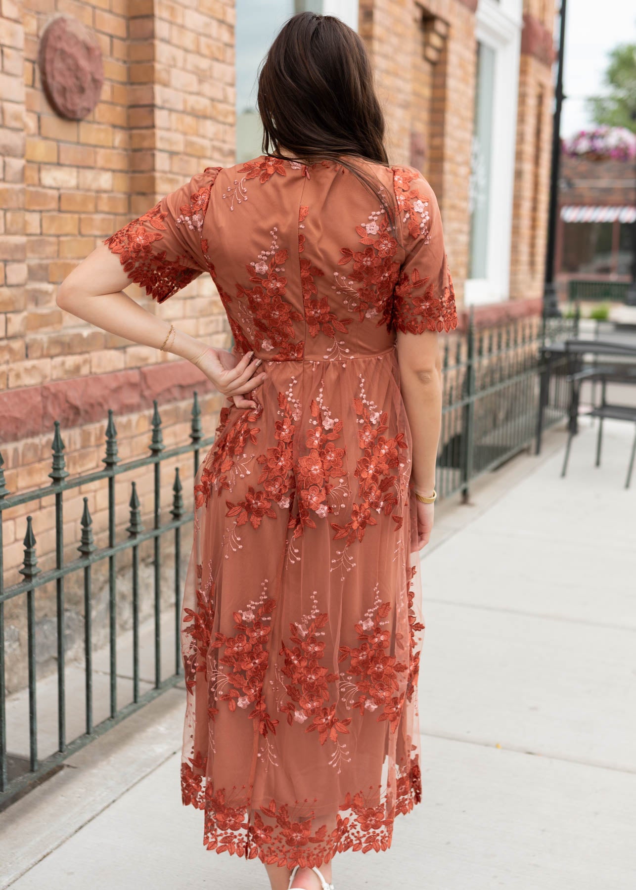 Back view of the rust floral dress at Lena Layne