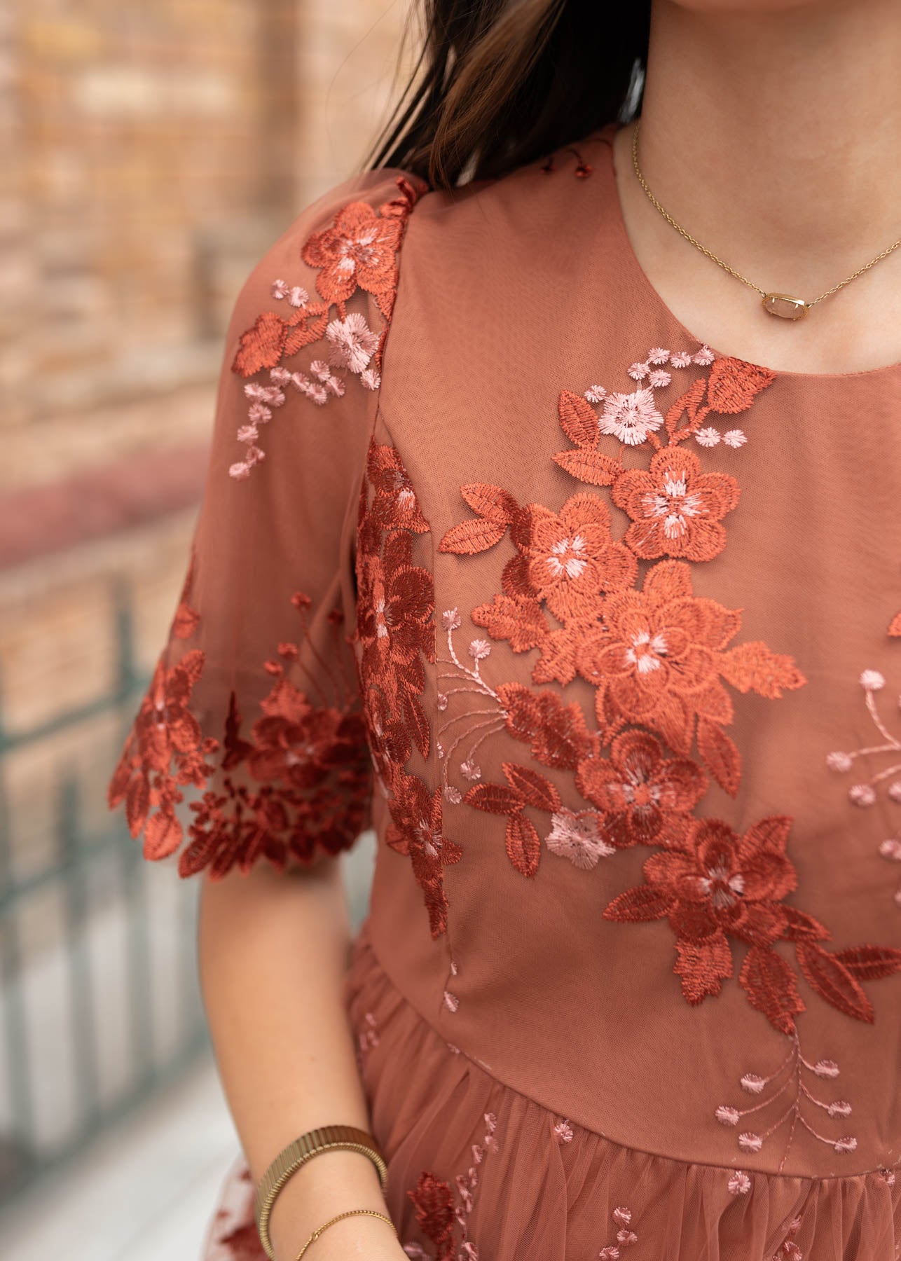 Modest rust floral dress with lace detail