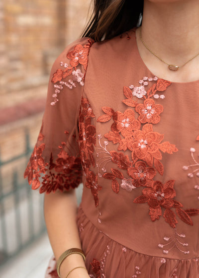 Modest rust floral dress with lace detail