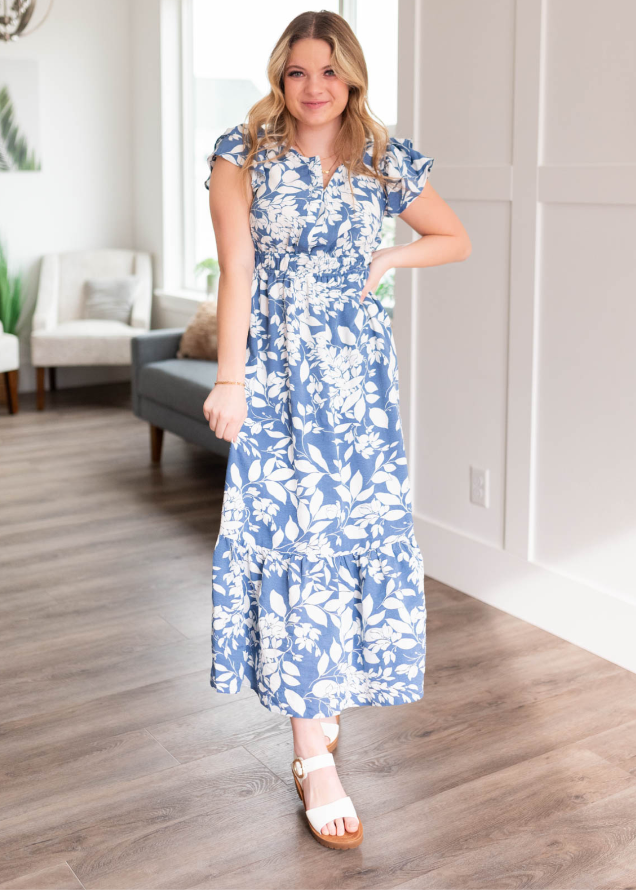 Cap sleeve blue floral dress