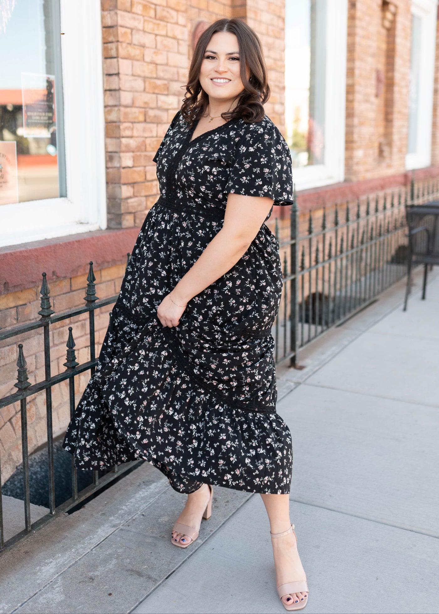 Lena & Lou exclusive black floral dress in plus size with short sleeves