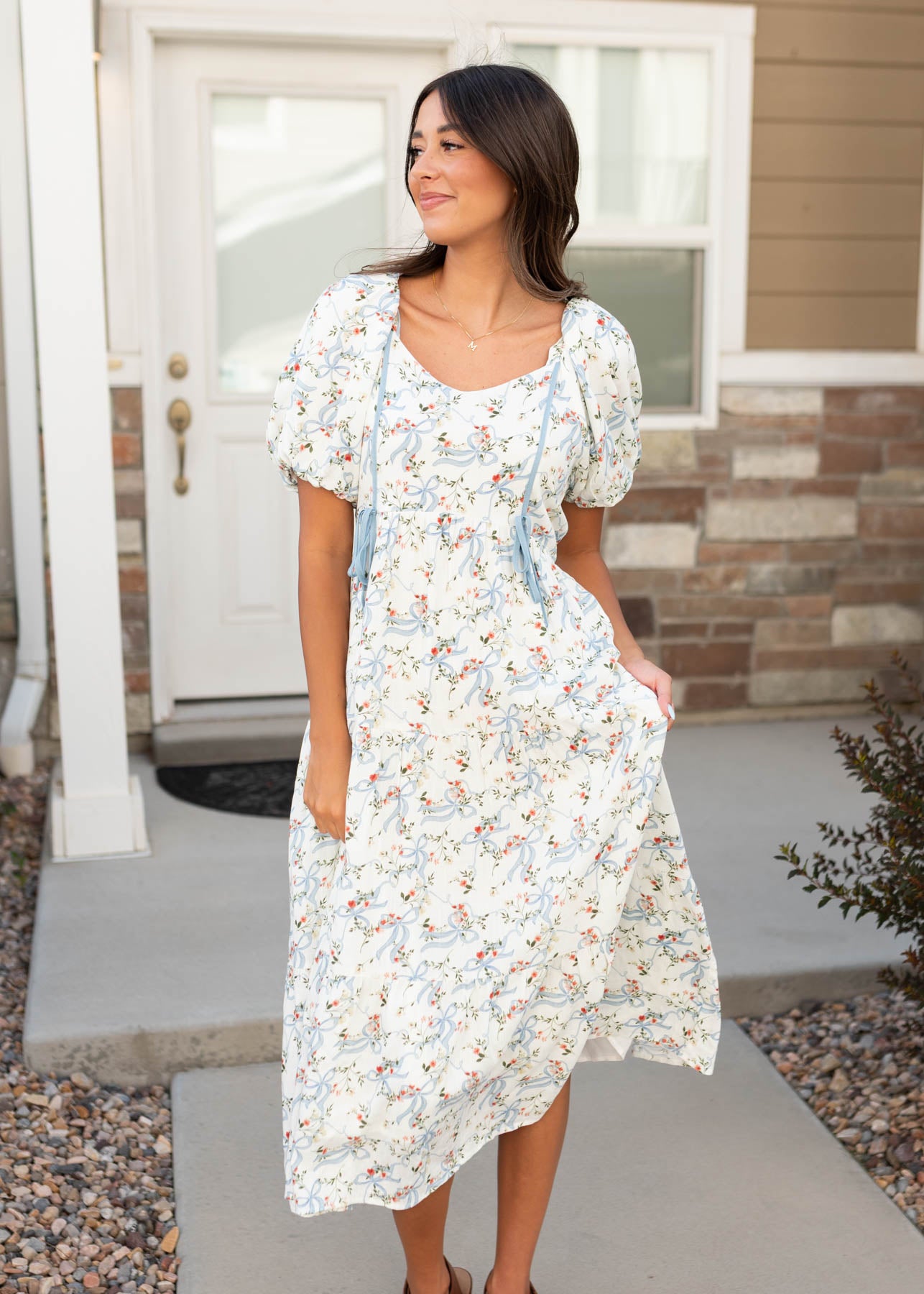 Modest short sleeve white ribbon pattenr dress