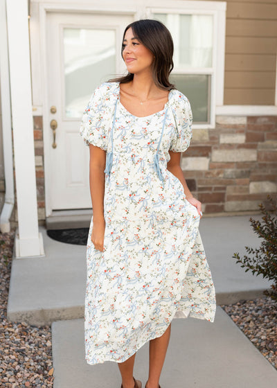 Modest short sleeve white ribbon pattenr dress