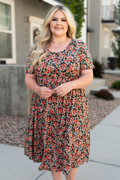 Short sleeve plus size black dress with flowers