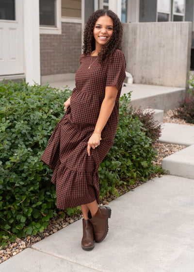 Short sleeve sienna gingham dress with a tiered skirt