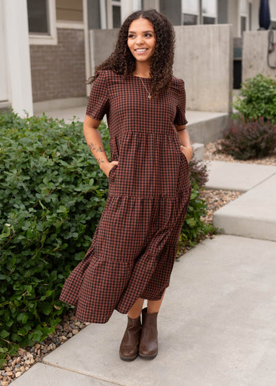 Modest sienna gingham dress with pockets at Lena Layne