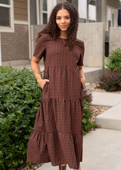 Modest short sleeve sienna gingham dress with pockets and tiered skirt sold at Lena Layne
