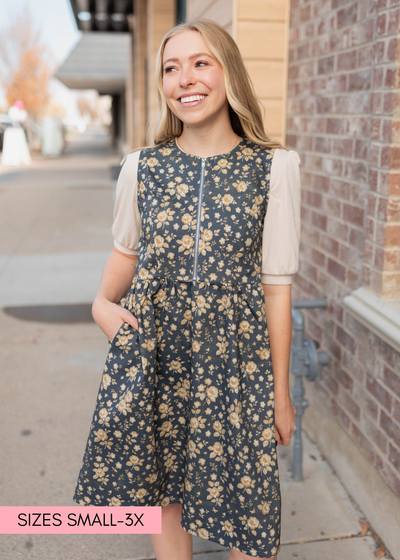 Navy floral denim dress