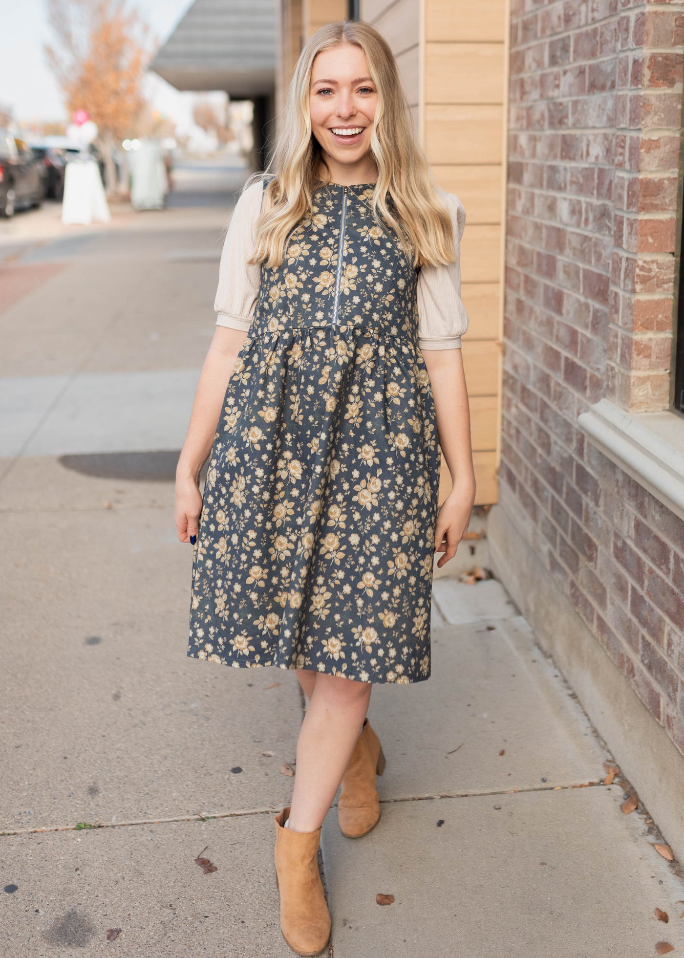 Modest navy floral denim dress with zup up bodice and without sleeves