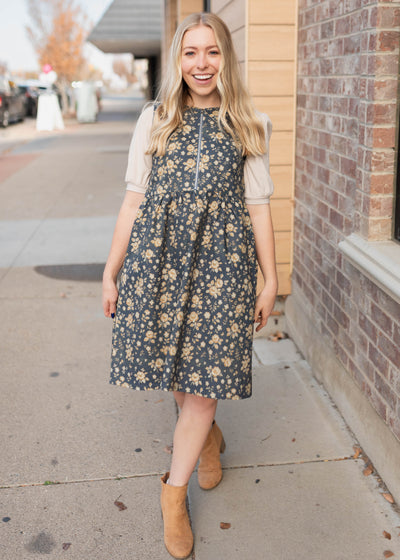 Modest navy floral denim dress with zup up bodice and without sleeves