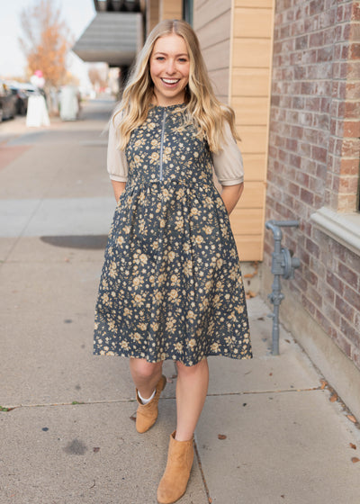 Zip up bodice on the modest navy floral denim dress