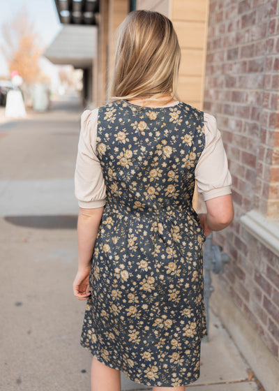 Back view of the navy floral denim dress