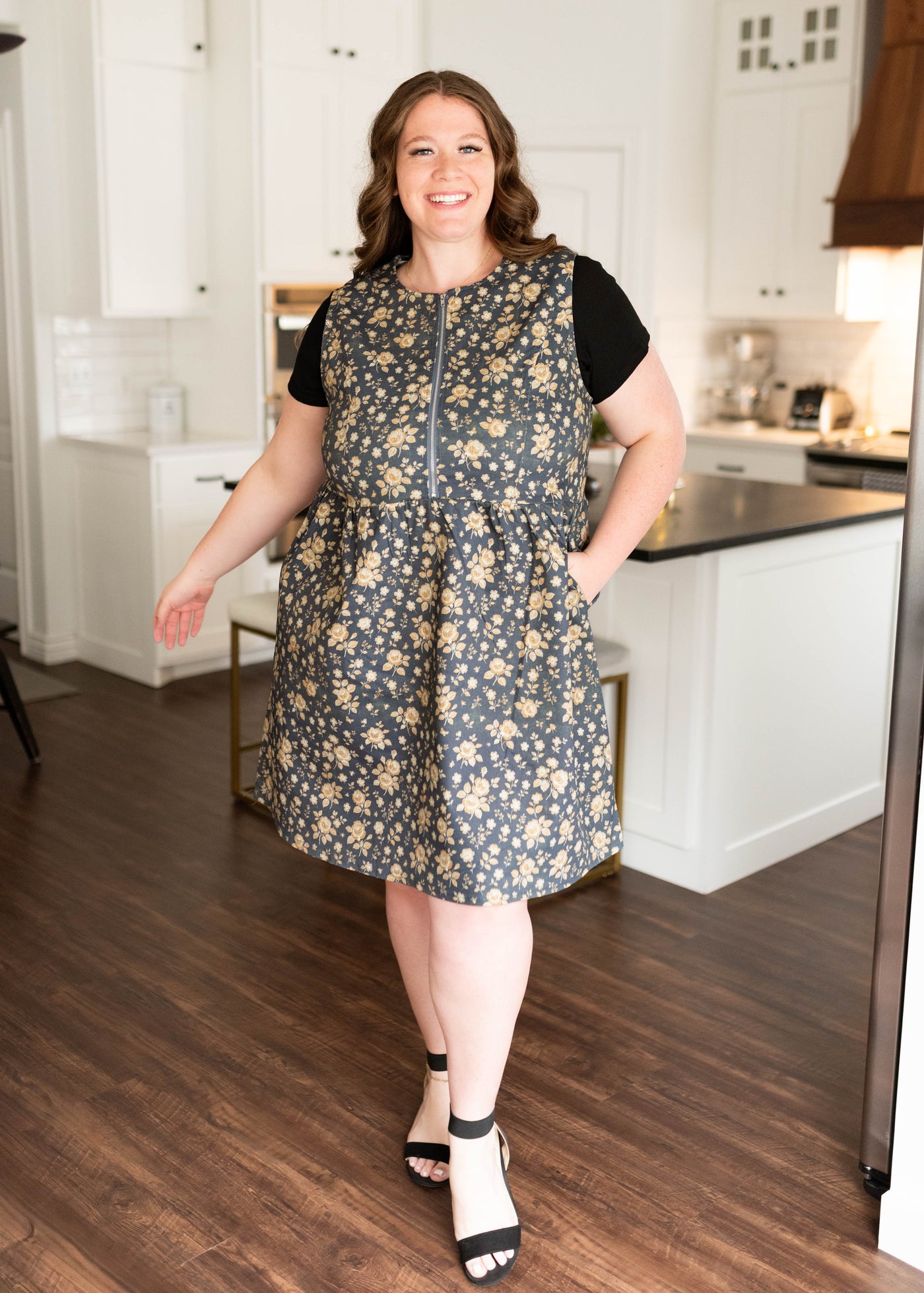 Navy floral denim dress with pockets