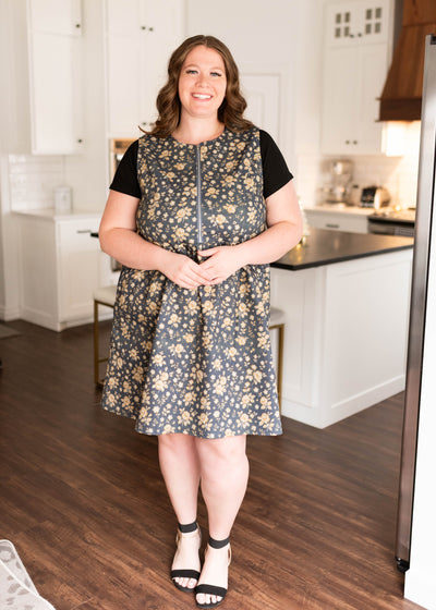 Plus size navy floral denim dress without sleeves