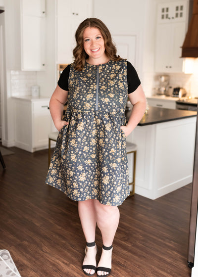 Plus size zip up bodice navy floral denim dress