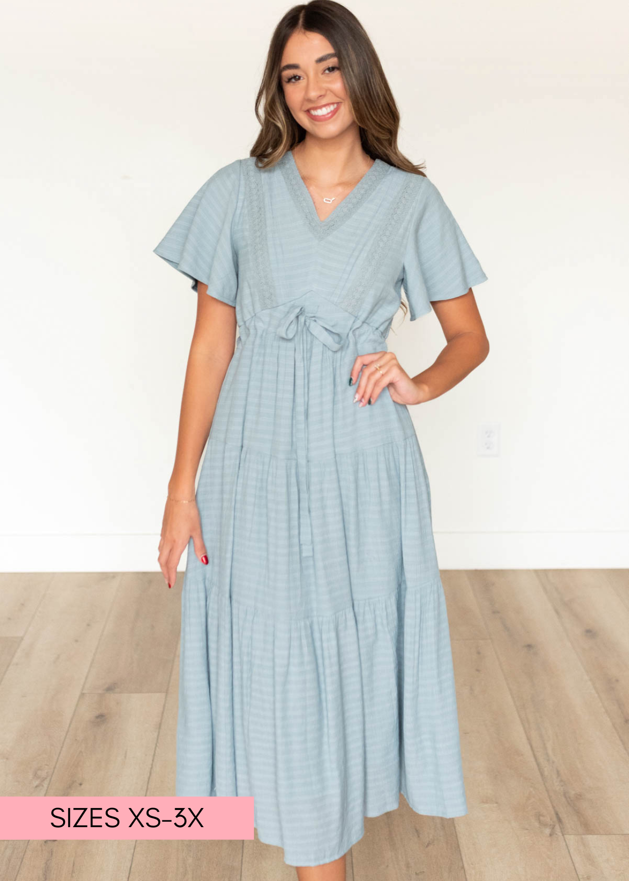 Emilee Dusty Blue Textured Tiered Dress