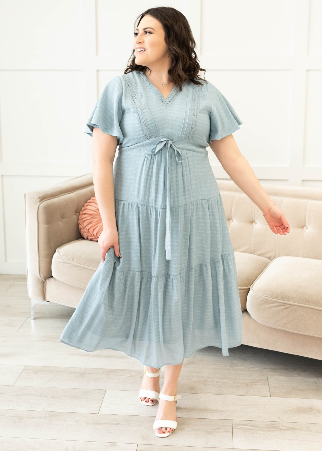 Emilee Dusty Blue Textured Tiered Dress