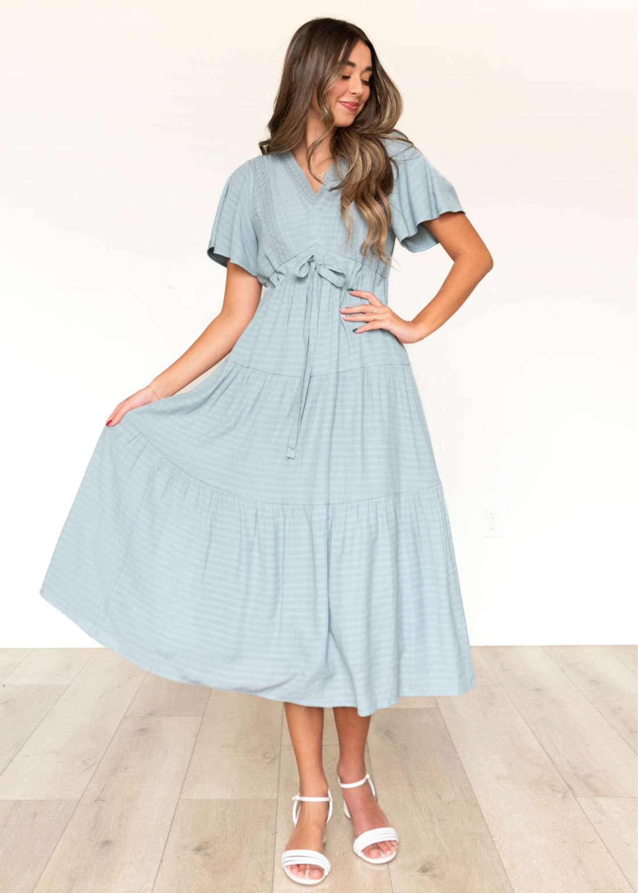 Emilee Dusty Blue Textured Tiered Dress
