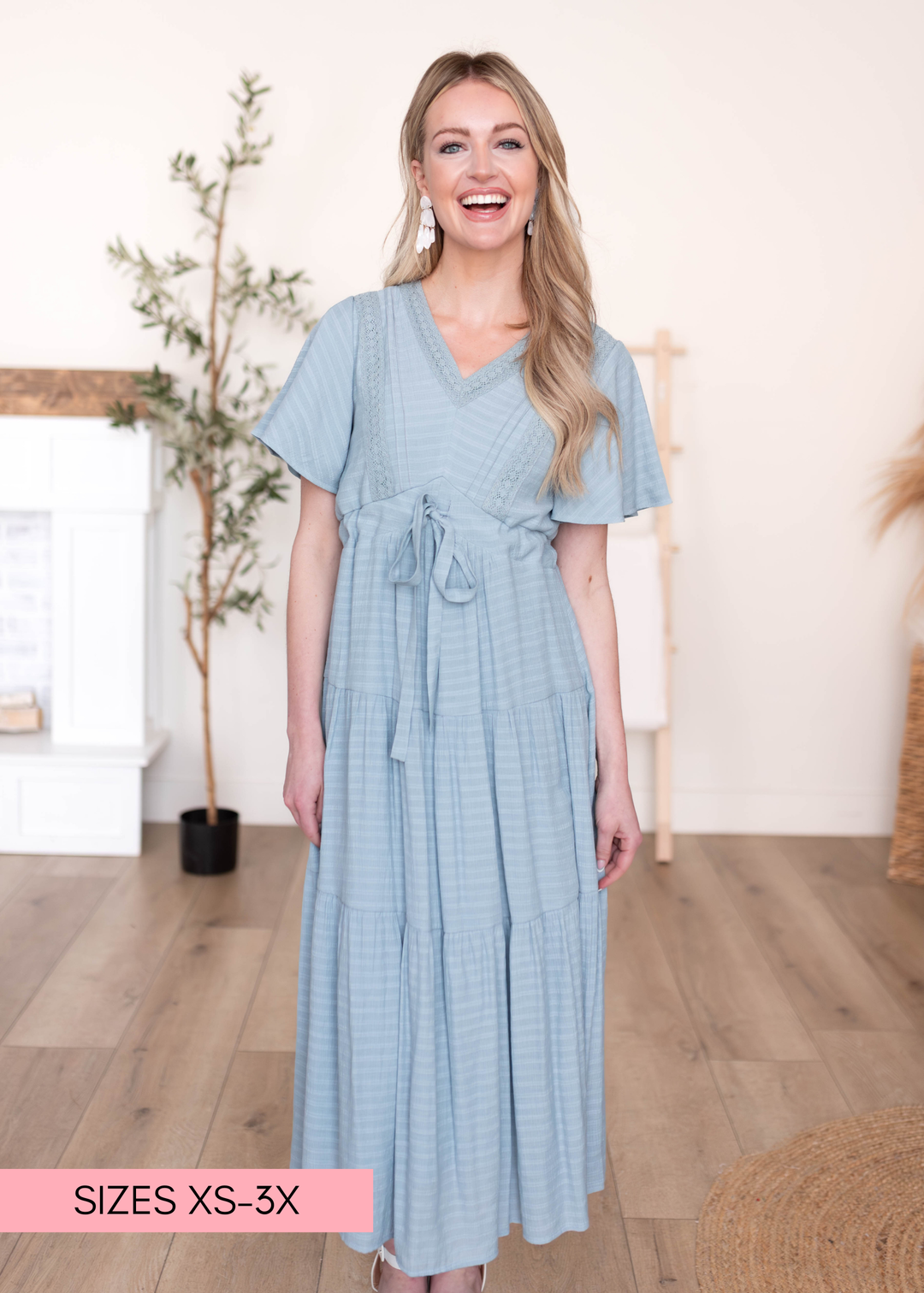3x blue dress Emilee Dusty Blue Textured Tiered Dress