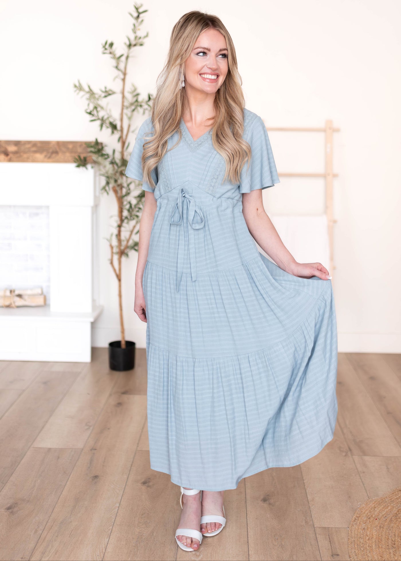 Emilee Dusty Blue Textured Tiered Dress