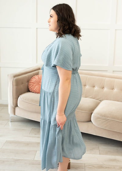 Emilee Dusty Blue Textured Tiered Dress