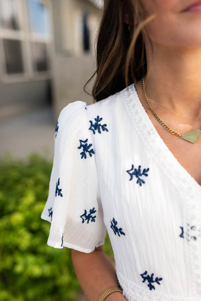 Close up of the fabric and sleeve on the white embroidered dress