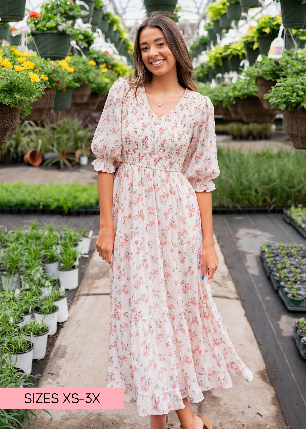 V-neck pink floral tiered dress