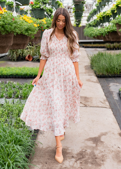 Pink floral tiered dress with smocked bodice