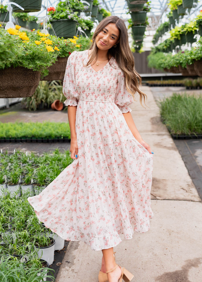 Pink floral tiered dress with short sleeves