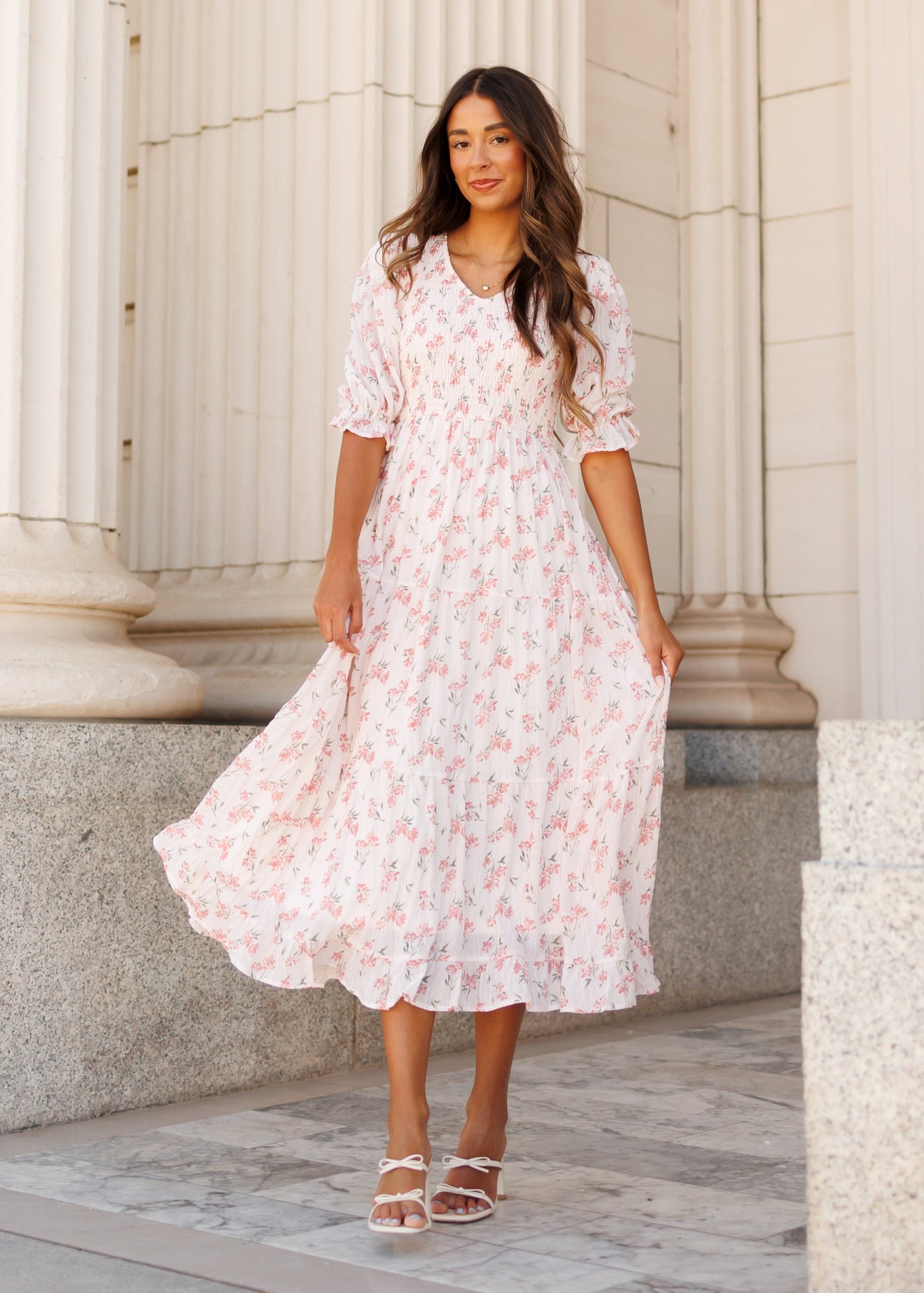 Short sleeve pink floral tiered dress