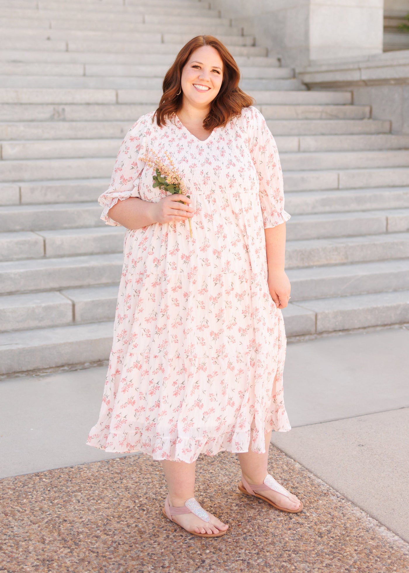 Short sleeve pink floral tiered dress