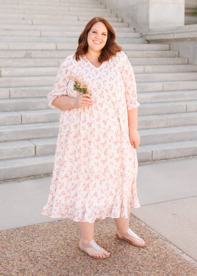 Short sleeve pink floral tiered dress