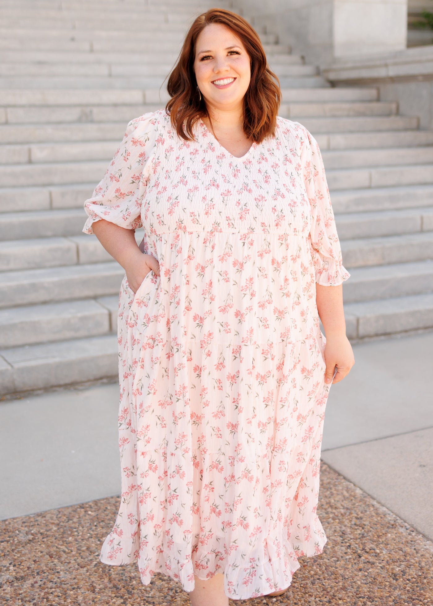 Pink floral tiered dress with pockets
