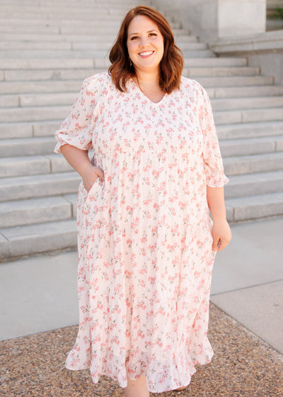Pink floral tiered dress with pockets