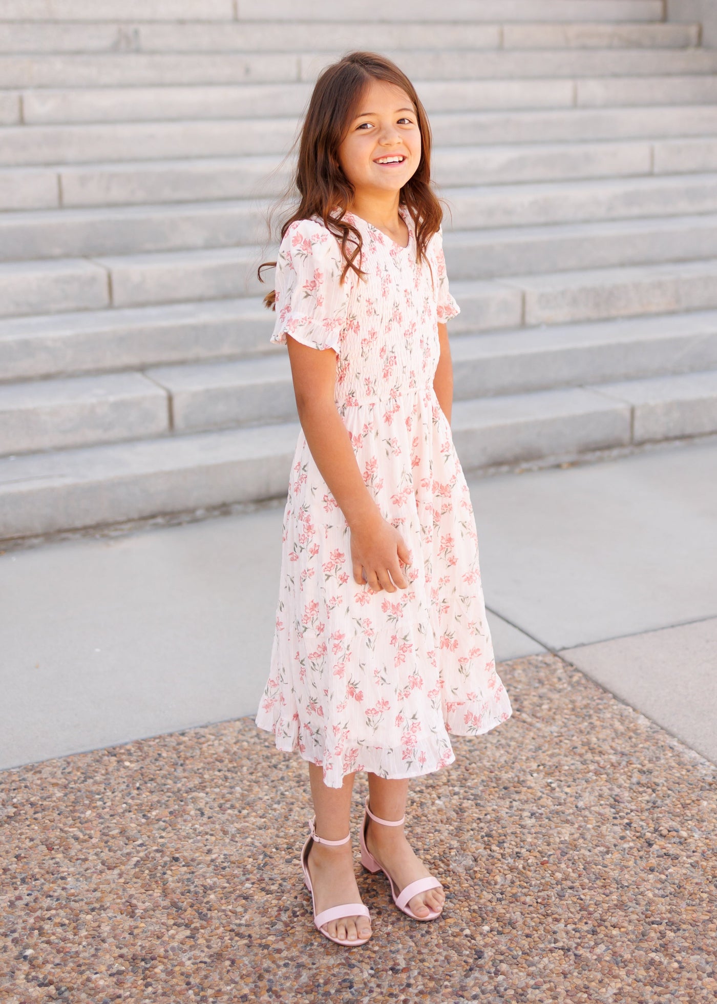 Pink floral tiered little girl dress with short sleeves