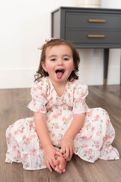 Short sleeve pink floral tiered little girl dress